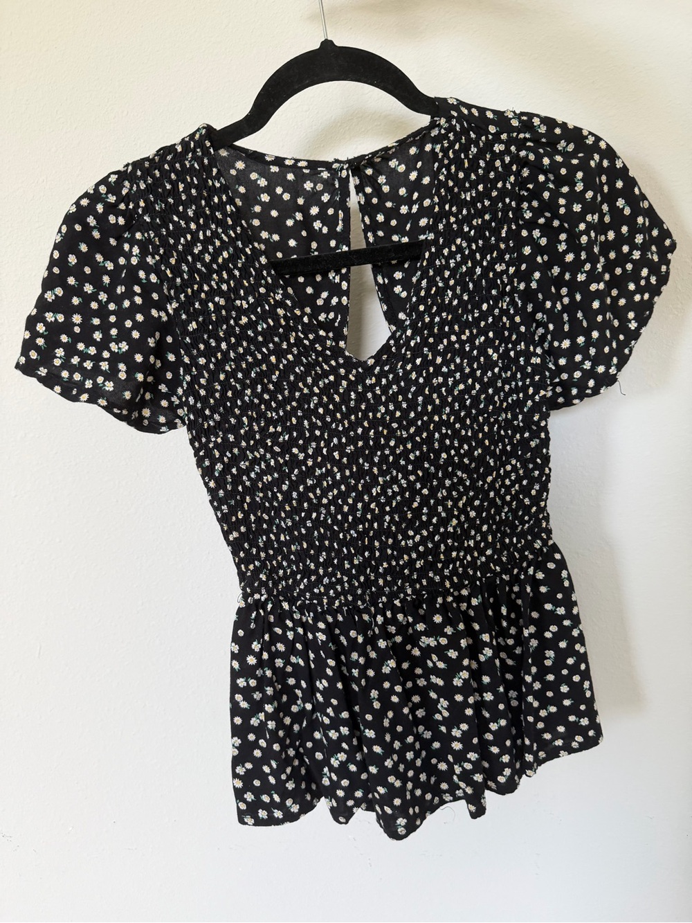 Japna Black Floral Smocked Peplum Blouse